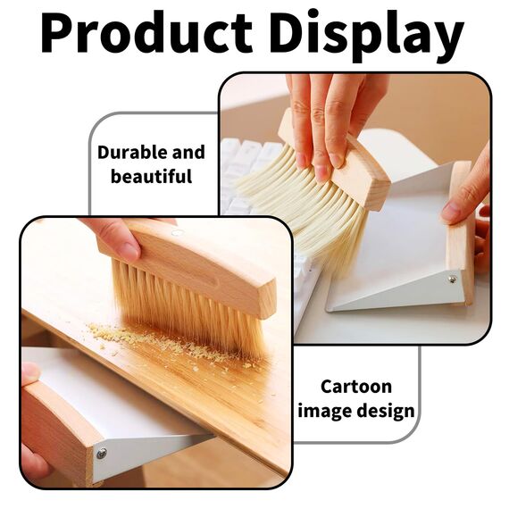 Mini Kehrblech und Handfeger Set, Tischbesen mit Kehrschaufel, Krümelbürste (Holzfarbe)