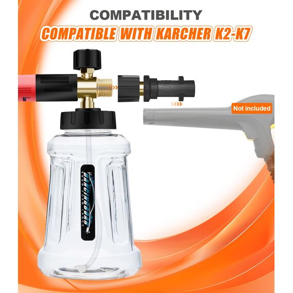 Verbesserte Schaumlanze Schaumkanone für Kärcher K-Serie K2 K3 K4 K5 K6 K7 Hochdruckreiniger, 1L Schneeschaumlanze mit Verstellbarer Schaumdüse für Autowäsche (Schwarz & Rot)