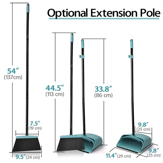 JEHONN Besen und Kehrschaufel Set mit Langem Stiel 137 cm, Kehrbesen und Aufrecht Stehende Schaufel mit Kammzähnen, Broom Kehrset für Innen Haus Küche Lobby Garten Büro Zimmer (Grau Grün)
