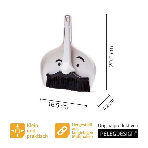 Peleg Design Dustache – Mini Tischkehrset mit Schnurrbart-Look | Tischbesen mit Schaufel & Kleiner Besen für Küche, Auto & Camping