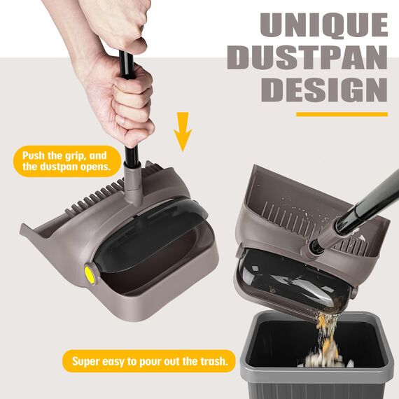 JEHONN Besen und Kehrschaufel Set mit Langem Stiel 138CM, 180 Grad Drehen Kehrbesen, Öffnende Schaufel Schwanz, Broom and Dustpan für Haus, Büro, Lobbykehr (Braun Gelb)