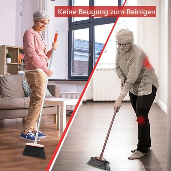 JEHONN Besen und Kehrschaufelset Set mit Langem Griff, 180 Grad Drehbar Kehrmaschine und Kehrschaufel Combo für Haus, Büro, Lobbykehr (Grau/Rot)