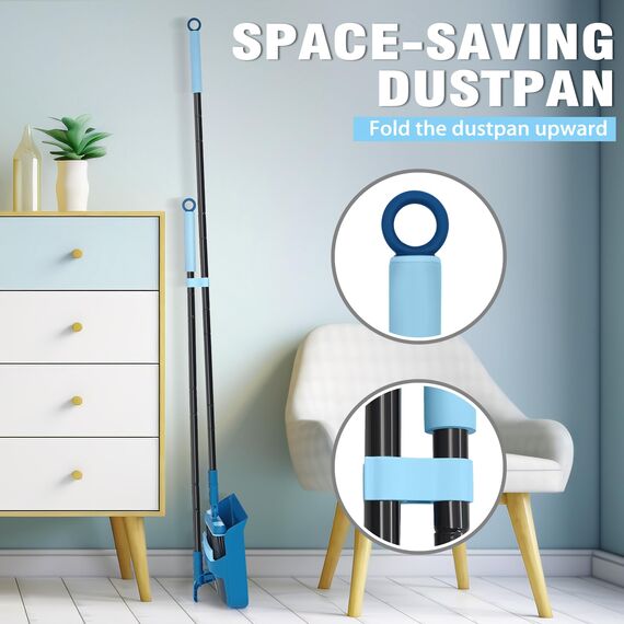 Besen und Kehrschaufel Set mit Langem Stiel 138CM, 180 Grad Drehbar Camping Kehrbesen Innen und Schaufel für Vorzelt, Haus, Büro, Lobby, Terrasse (Blau)