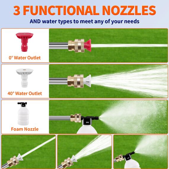 Kabelloser 21V Tragbarer Akku Hochdruckreiniger, 60 Bar und Ladegerät, 3000W Akku Hochdruckreiniger mit Düse und 5m langem Schlauch für Autos, Fenster, Rasen, Gärten, Pools