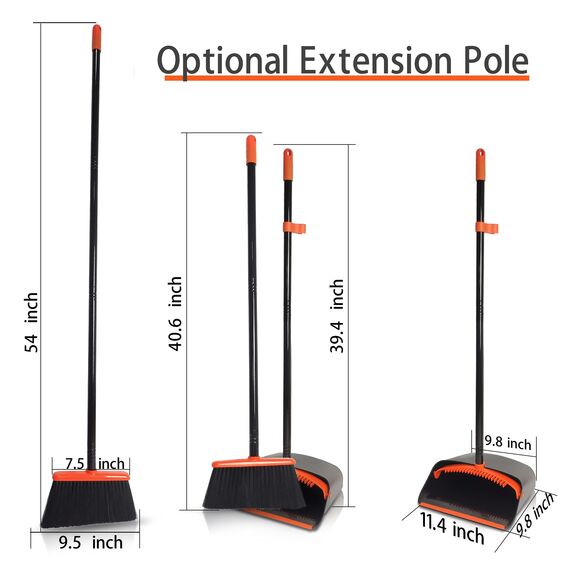 JEHONN Besen und Kehrschaufel Set mit Langem Stiel 137 cm, Kehrbesen und Aufrecht Stehende Schaufel mit Kammzähnen, Broom Kehrset für Innen Haus Küche Lobby Garten Büro Zimmer (Schwarz Orange)