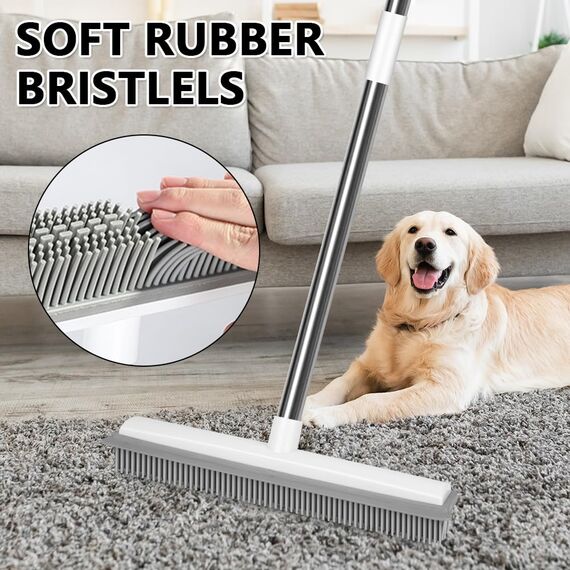 AMFUN 2 in 1 Gummibesen mit Stiel, Besen Gummiborsten, Langen Stiel Besen Entfernen von Tiere Katzen Hunde Haare, Bodenbürste für Bödenzum Teppiche Fliesen (mit 2 Hartborsten Eckenreinigungsbürste)