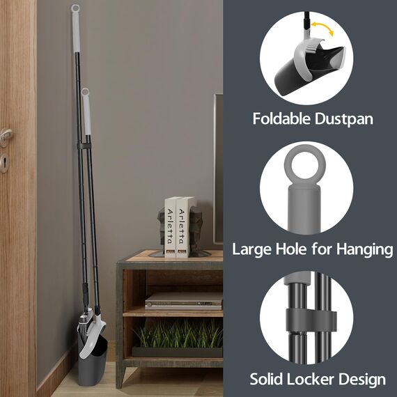 JEHONN Besen und Kehrschaufel Set mit Langem Stiel 138 cm, 180 Grad Drehbar Camping Kehrbesen Innen und Schaufel für Vorzelt, Haus, Büro, Lobby, Terrasse (Schwarz & Grau)