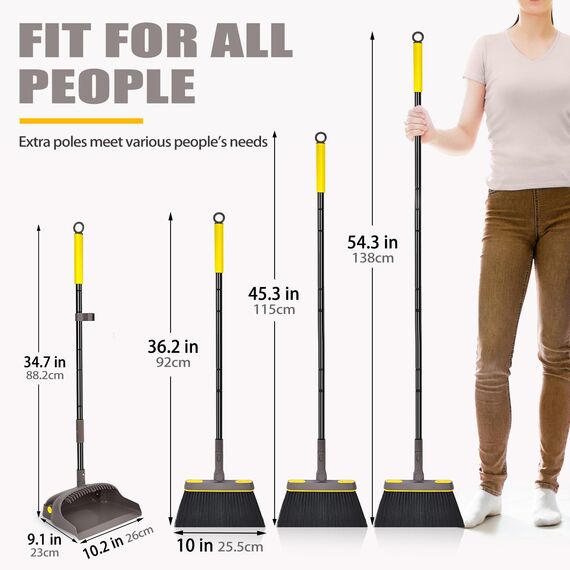JEHONN Besen und Kehrschaufel Set mit Langem Stiel 138CM, 180 Grad Drehen Kehrbesen, Öffnende Schaufel Schwanz, Broom and Dustpan für Haus, Büro, Lobbykehr (Braun Gelb)