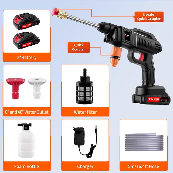 Kabelloser 21V Tragbarer Akku Hochdruckreiniger, 60 Bar und Ladegerät, 3000W Akku Hochdruckreiniger mit Düse und 5m langem Schlauch für Autos, Fenster, Rasen, Gärten, Pools