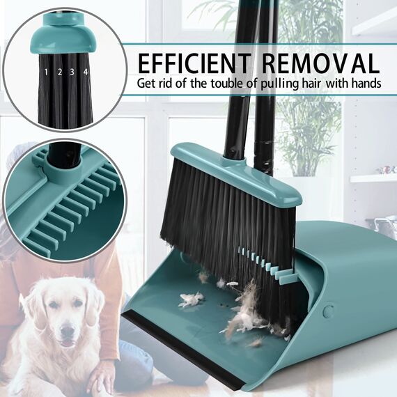 JEHONN Besen und Kehrschaufel Set mit Langem Stiel 137 cm, Kehrbesen und Aufrecht Stehende Schaufel mit Kammzähnen, Broom Kehrset für Innen Haus Küche Lobby Garten Büro Zimmer (Grau Grün)