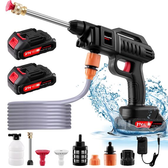 Kabelloser 21V Tragbarer Akku Hochdruckreiniger, 60 Bar und Ladegerät, 3000W Akku Hochdruckreiniger mit Düse und 5m langem Schlauch für Autos, Fenster, Rasen, Gärten, Pools