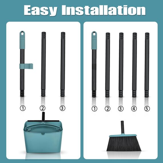 JEHONN Besen und Kehrschaufel Set mit Langem Stiel 137 cm, Kehrbesen und Aufrecht Stehende Schaufel mit Kammzähnen, Broom Kehrset für Innen Haus Küche Lobby Garten Büro Zimmer (Grau Grün)