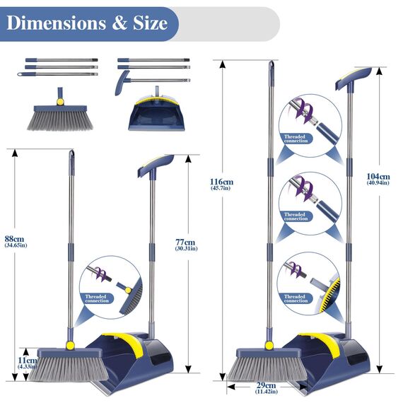 Masthome Besen und Kehrschaufel Set, Handfeger und Schaufel, 121cm Kehrmaschine und Kehrschaufel Combo mit 180 °Drehbar, Aufrechter Kehrset für die Reinigung von Haus Küche Büro, Blau
