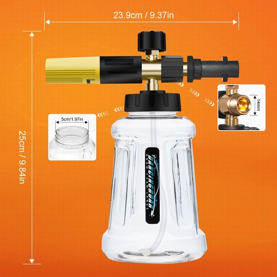 Verbesserte Schaumlanze Schaumkanone für Kärcher K-Serie K2 K3 K4 K5 K6 K7 Hochdruckreiniger, 1L Schneeschaumlanze mit Verstellbarer Schaumdüse für Autowäsche (Schwarz & Gelb)