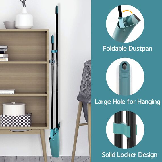 JEHONN Besen und Kehrschaufel Set mit Langem Stiel 137 cm, Kehrbesen und Aufrecht Stehende Schaufel mit Kammzähnen, Broom Kehrset für Innen Haus Küche Lobby Garten Büro Zimmer (Grau Grün)