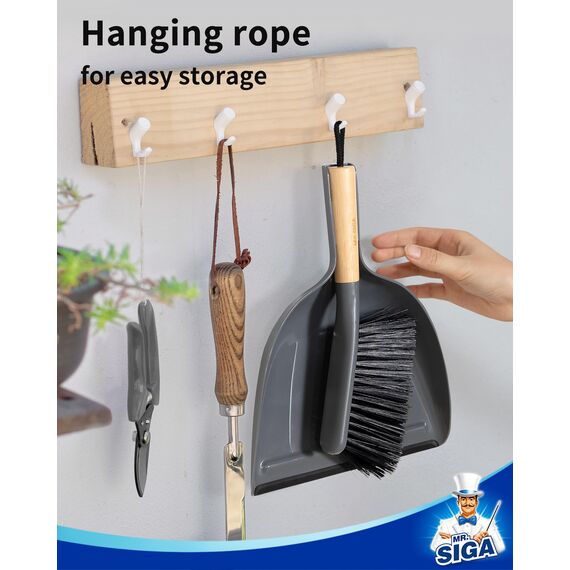 MR.SIGA Kehrschaufel- und Bürstenset, tragbare Reinigungsbürste und Kehrschaufel-Kombination mit Bambusgriff, grau, 1 Set
