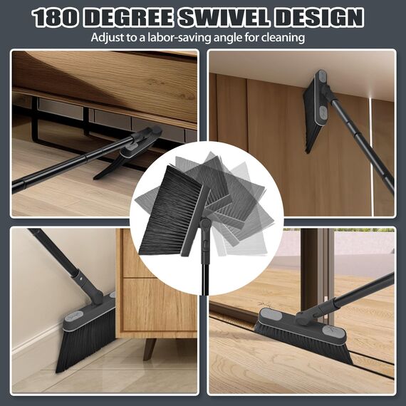 JEHONN Besen und Kehrschaufel Set mit Langem Stiel 138 cm, 180 Grad Drehbar Camping Kehrbesen Innen und Schaufel für Vorzelt, Haus, Büro, Lobby, Terrasse (Schwarz & Grau)