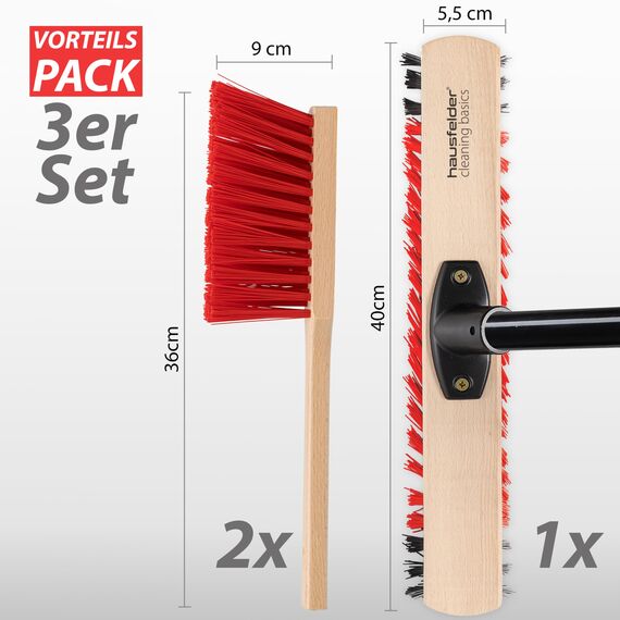 Hausfelder Kehrset 3-teilig – Straßenbesen 40 cm breit mit Stiel & 2 Handfeger – Kehrbesen Set für Garten Terrasse Garage – stabil robust elaston – Outdoor Reinigungsset