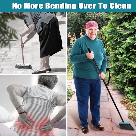 JEHONN Besen und Kehrschaufel Set mit Langem Stiel 137 cm, Kehrbesen und Aufrecht Stehende Schaufel mit Kammzähnen, Broom Kehrset für Innen Haus Küche Lobby Garten Büro Zimmer (Grau Grün)