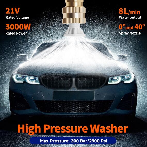 Kabelloser 21V Tragbarer Akku Hochdruckreiniger, 60 Bar und Ladegerät, 3000W Akku Hochdruckreiniger mit Düse und 5m langem Schlauch für Autos, Fenster, Rasen, Gärten, Pools