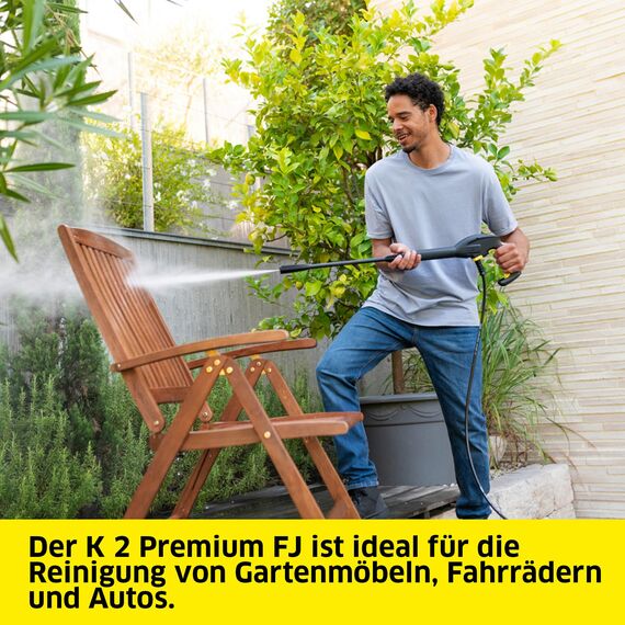 Kärcher Hochdruckreiniger K 2 Premium FJ, Druck: max. 110 bar, Fördermenge: 360 l/h, Flächenleistung: 20 m²/h, Wasserfilter, Gewicht: 4,2 kg, HD-Pistole, Strahlrohre, Dreckfräser, Schaumdüse