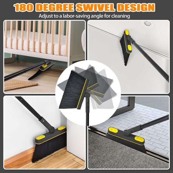 JEHONN Besen und Kehrschaufel Set mit Langem Stiel 138 cm, 180 Grad Drehbar Camping Kehrbesen Innen und Schaufel für Vorzelt, Haus, Büro, Lobby, Terrasse (Schwarz & Gelb)