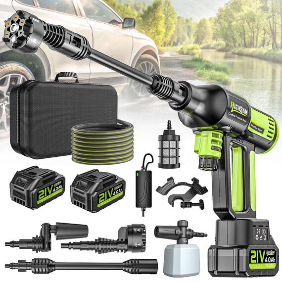 Akku Hochdruckreiniger, highsam Pressure Washer 4-Gang-Modus Max 120Bar, Druckreiniger Mobiler mit 2x4.0Ah Batterien, 6-in-1und 180° Drehbare Düse, Schaumsprüher, 5M Schlauch | Reinigung Bewässerung