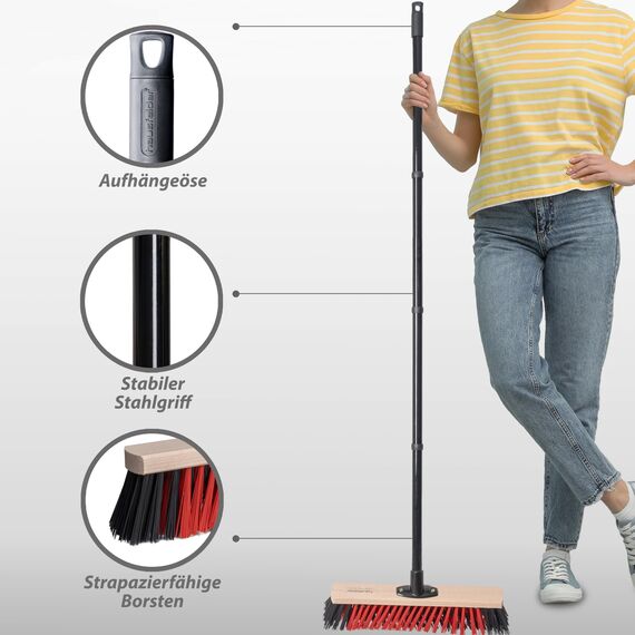 Hausfelder Kehrset 3-teilig – Straßenbesen 40 cm breit mit Stiel & 2 Handfeger – Kehrbesen Set für Garten Terrasse Garage – stabil robust elaston – Outdoor Reinigungsset