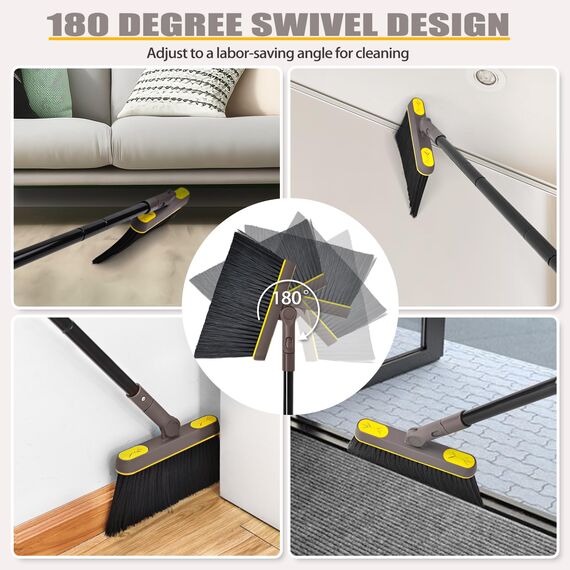 JEHONN Besen und Kehrschaufel Set mit Langem Stiel 138CM, 180 Grad Drehen Kehrbesen, Öffnende Schaufel Schwanz, Broom and Dustpan für Haus, Büro, Lobbykehr (Braun Gelb)