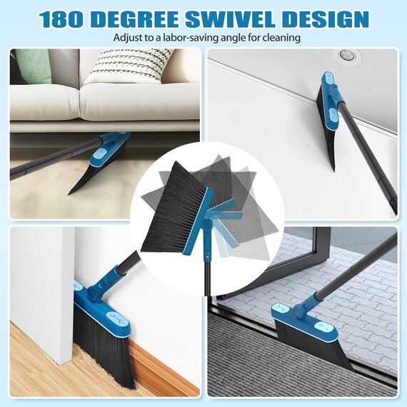 Besen und Kehrschaufel Set mit Langem Stiel 138CM, 180 Grad Drehbar Camping Kehrbesen Innen und Schaufel für Vorzelt, Haus, Büro, Lobby, Terrasse (Blau)