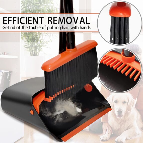 JEHONN Besen und Kehrschaufel Set mit Langem Stiel 137 cm, Kehrbesen und Aufrecht Stehende Schaufel mit Kammzähnen, Broom Kehrset für Innen Haus Küche Lobby Garten Büro Zimmer (Schwarz Orange)