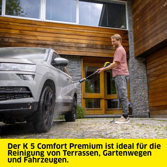 Kärcher Hochdruckreiniger K 5 Comfort Premium, Druck: 145 bar, Fördermenge: 500 l/h, Fläche: 40 m²/h, Gewicht: 18,2 kg, extra Flexibler Hochdruckschlauch, Schlauchtrommel, 4-in-1 Multi Jet
