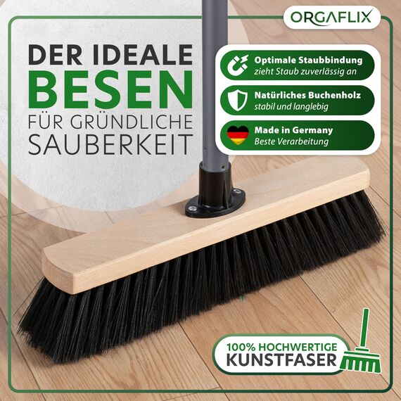 ORGAFLIX Besen mit Stiel 40 cm, Zimmerbesen mit feinen Kunstfasern Made in Germany und Italy, robuster Kehrbesen für Haushalt und Halle, entfernt Staub und Schmutz gründlich im Innenbereich