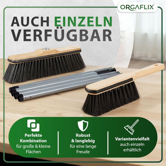 ORGAFLIX Premium Besen mit Stiel und Handfeger Set - Kehrset mit Rosshaarmischung, extra Staubbindend, 24 mm verzinktes Gewinde, Besenstiel verstellbar 60–130 cm, Made in Germany & Italy