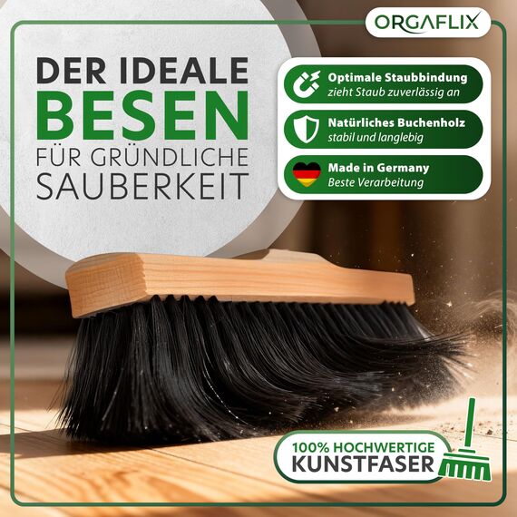 ORGAFLIX Besen ohne Stiel mit weichen Borsten 28cm, rostfreies Metallgewinde 24mm, Deutsche Qualitätsmischung, Stubenbesen, Zimmerbesen, Kehrbesen ohne Besenstiel, Made in Germany