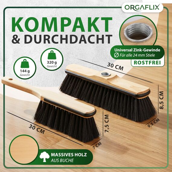 ORGAFLIX Premium Besen mit Stiel und Handfeger Set - Kehrset mit Rosshaarmischung, extra Staubbindend, 24 mm verzinktes Gewinde, Besenstiel verstellbar 60–130 cm, Made in Germany & Italy