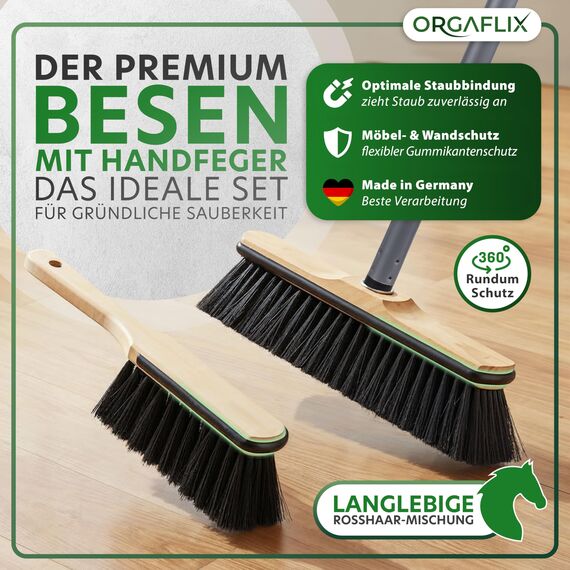 ORGAFLIX Premium Besen mit Stiel und Handfeger Set - Kehrset mit Rosshaarmischung, extra Staubbindend, 24 mm verzinktes Gewinde, Besenstiel verstellbar 60–130 cm, Made in Germany & Italy