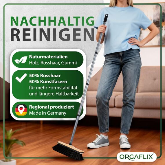 ORGAFLIX Premium Besen ohne Stiel Rosshaar mit Kantenschutz 28cm, extra staubbindend durch hochwertige Rosshaarmischung, Zimmerbesen, Kehrbesen ohne Besenstiel, Rosshaarbesen, Made in Germany