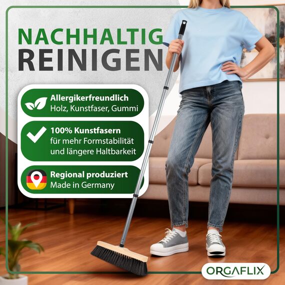 ORGAFLIX Besen ohne Stiel mit weichen Borsten 28cm, rostfreies Metallgewinde 24mm, Deutsche Qualitätsmischung, Stubenbesen, Zimmerbesen, Kehrbesen ohne Besenstiel, Made in Germany