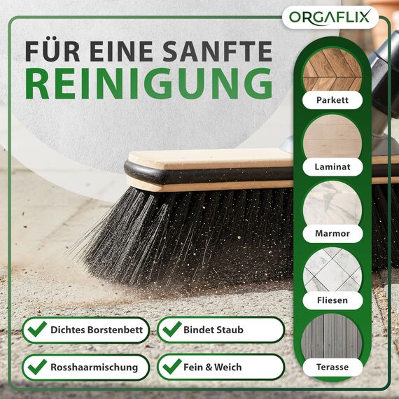ORGAFLIX Premium Besen mit Stiel 40 cm, extra staubbindend mit feiner Rosshaarmischung und Kantenschutz für empfindliche Böden und Möbel, Kehrbesen mit Besenstiel, Made in Germany und Italy