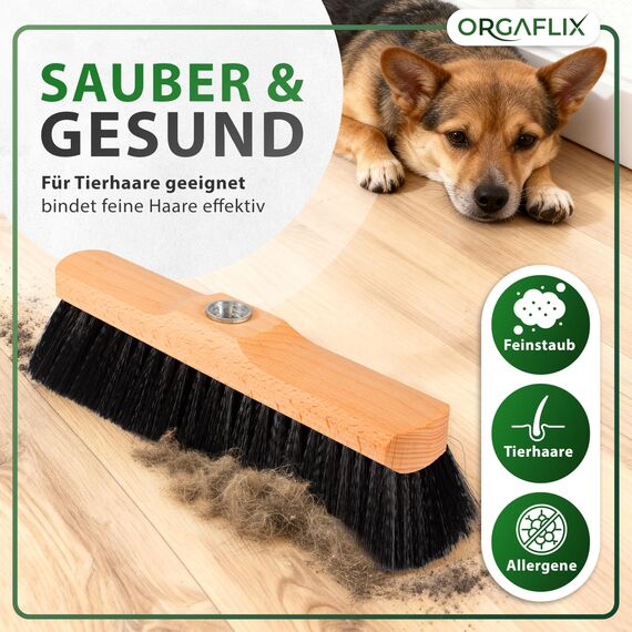 ORGAFLIX Besen ohne Stiel mit weichen Borsten 28cm, rostfreies Metallgewinde 24mm, Deutsche Qualitätsmischung, Stubenbesen, Zimmerbesen, Kehrbesen ohne Besenstiel, Made in Germany