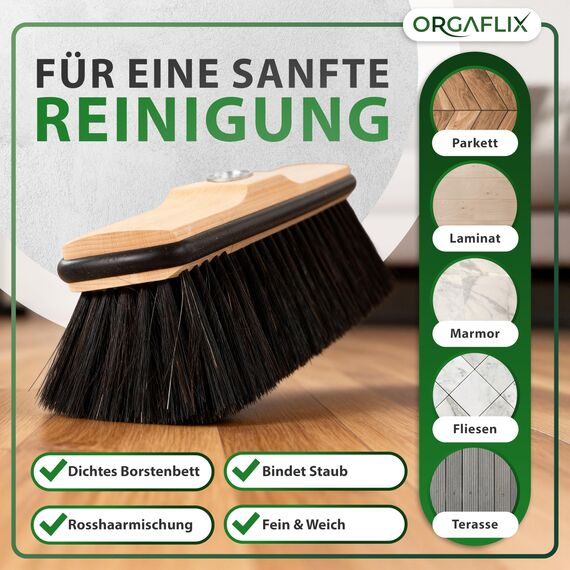 ORGAFLIX Premium Besen ohne Stiel Rosshaar mit Kantenschutz 28cm, extra staubbindend durch hochwertige Rosshaarmischung, Zimmerbesen, Kehrbesen ohne Besenstiel, Rosshaarbesen, Made in Germany