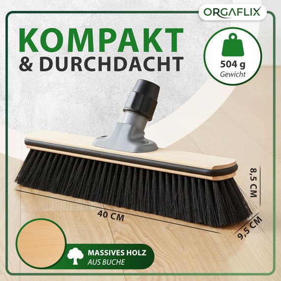 ORGAFLIX Premium Besen mit Stiel 40 cm, extra staubbindend mit feiner Rosshaarmischung und Kantenschutz für empfindliche Böden und Möbel, Kehrbesen mit Besenstiel, Made in Germany und Italy