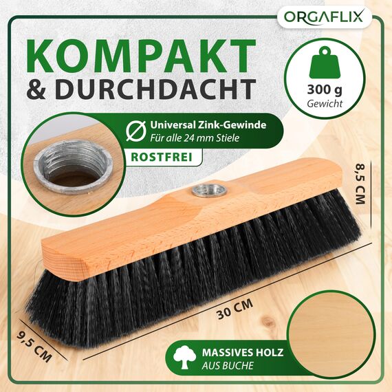 ORGAFLIX Besen ohne Stiel mit weichen Borsten 28cm, rostfreies Metallgewinde 24mm, Deutsche Qualitätsmischung, Stubenbesen, Zimmerbesen, Kehrbesen ohne Besenstiel, Made in Germany
