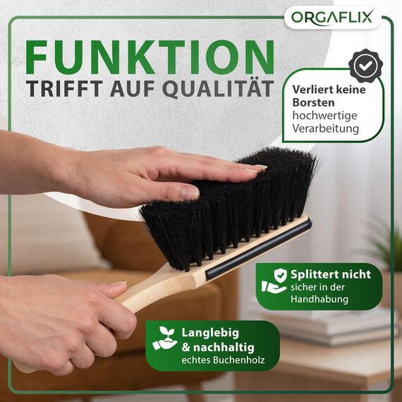 ORGAFLIX Premium Besen mit Stiel und Handfeger Set - Kehrset mit Rosshaarmischung, extra Staubbindend, 24 mm verzinktes Gewinde, Besenstiel verstellbar 60–130 cm, Made in Germany & Italy