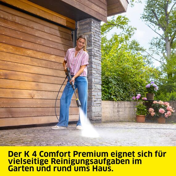 Kärcher Hochdruckreiniger K 4 Comfort Premium, Druck: max. 130 bar, Fördermenge: 420 l/h, Fläche: 30 m²/h, Gewicht: 17 kg, extra Flexibler Hochdruckschlauch, Schlauchtrommel, 4-in-1 Multi Jet