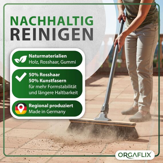 ORGAFLIX Premium Besen mit Stiel 40 cm, extra staubbindend mit feiner Rosshaarmischung und Kantenschutz für empfindliche Böden und Möbel, Kehrbesen mit Besenstiel, Made in Germany und Italy
