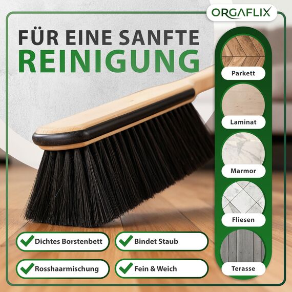 ORGAFLIX 2 Stück Premium Handfeger Rosshaar mit Kantenschutz, extra staubbindend durch hochwertige Rosshaarmischung, Handbesen ohne Besen, Hand-Rosshaarbesen, Hand-Kehrbesen, Made in Germany