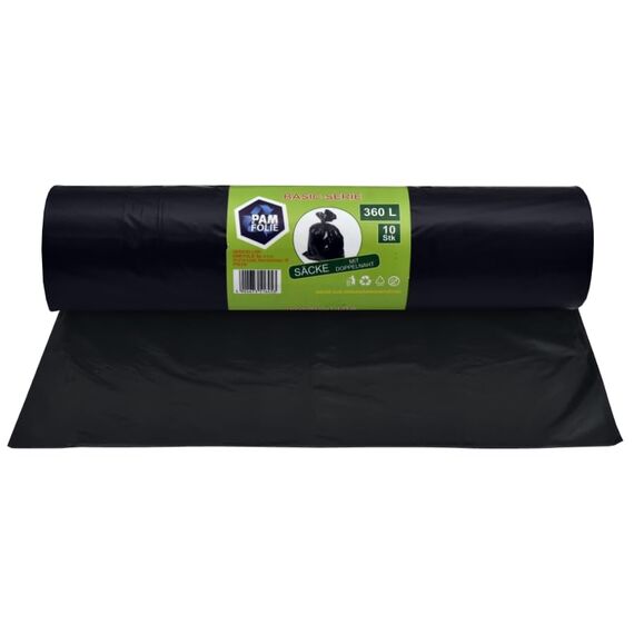 PAM-FOLIE Universal-Müllsäcke 360L - 10 Stück - XXL Große, Starke, Dicke Abfallsäcke, Basic - 120x150cm - 35µm - schwarzer Müllbeutel - robuste Mülltüten - Regranulatfolie