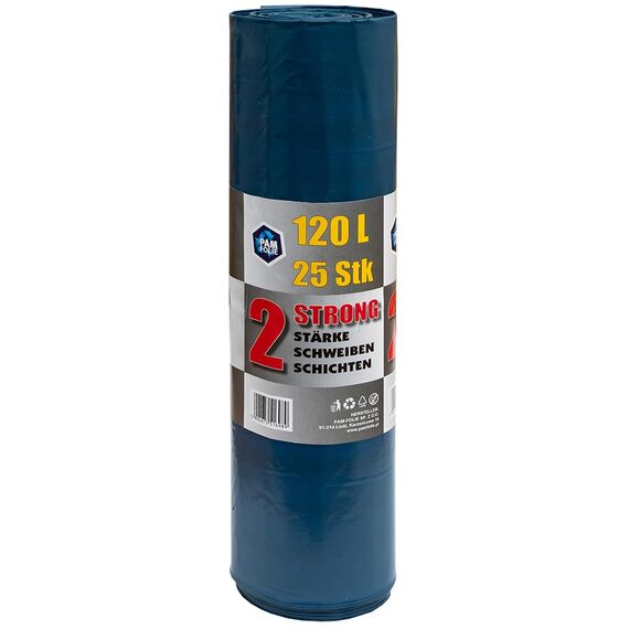 PAM-FOLIE Extra Starke Müllsäcke 120L - 25 Stück - Große, Dicke Abfallsäcke - 70x110cm - Doppelschicht - schwarzer, blauer Müllbeutel - Bauschuttsäcke - Bauschuttsäcke, universal